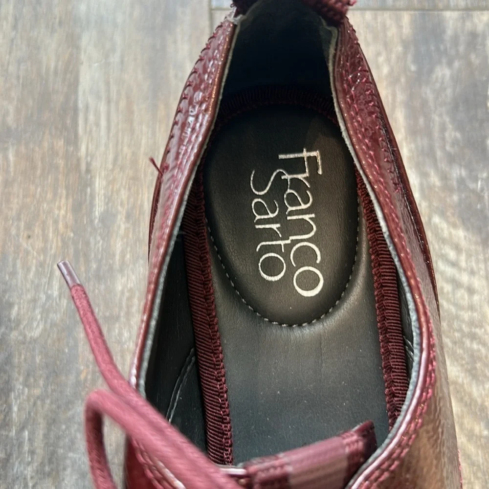 Franco Sarto Red Wine Patent Leather Oxfords with Lace-Up Design